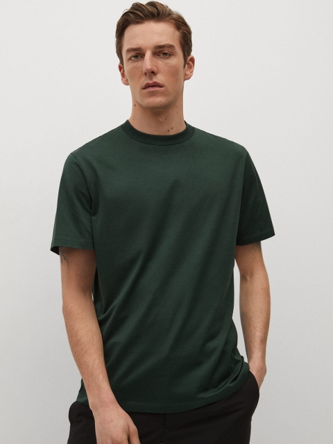 

MANGO MAN Green Solid Sustainable Cotton Round Neck T-shirt
