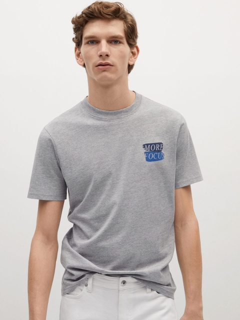 

MANGO MAN Organic Cotton Sustainable Grey Melange Solid Round Neck T-shirt