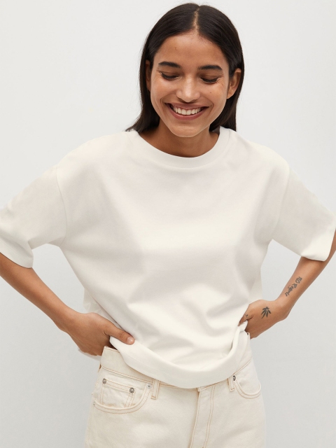 

MANGO Women Off-White Solid Round Neck Organic Cotton Sustainable Relaxed Fit T-shirt
