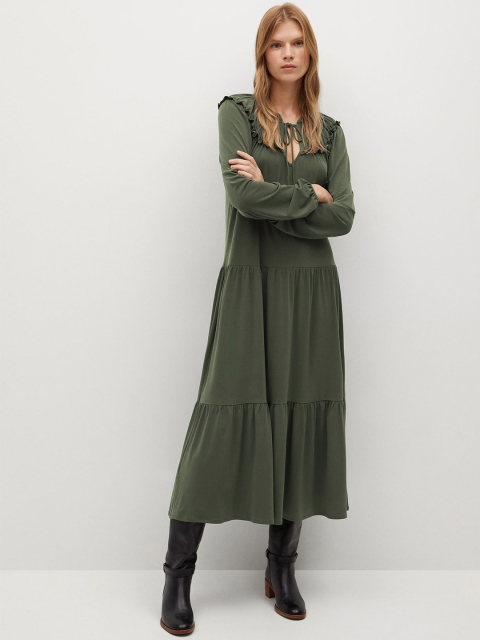 

MANGO Women Green Solid Sustainable Tiered Midi A-Line Dress