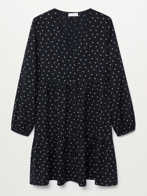 

Mango Kids Girls Black & White Stars Print Sustainable Tiered A-Line Dress