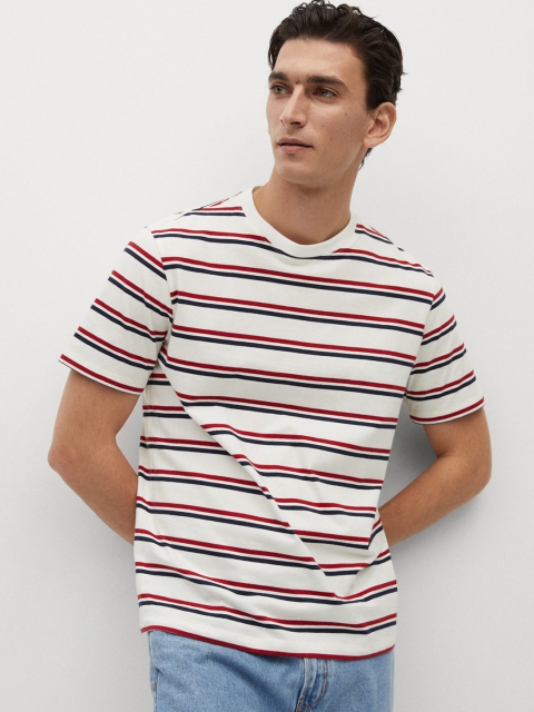 

MANGO MAN White &Red Striped Round Neck Organic Cotton Sustainable T-shirt