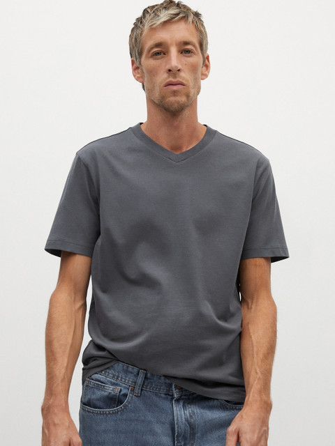 

MANGO MAN Charcoal Grey Organic Cotton Sustainable Solid V-Neck T-shirt