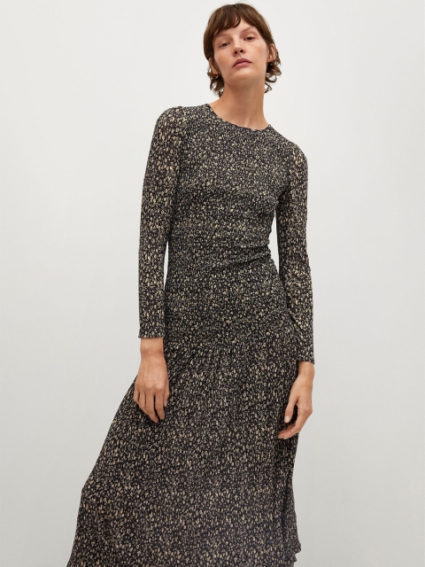 

MANGO Women Sustainable Black & Off-White Smocked Printed A-Line Dress