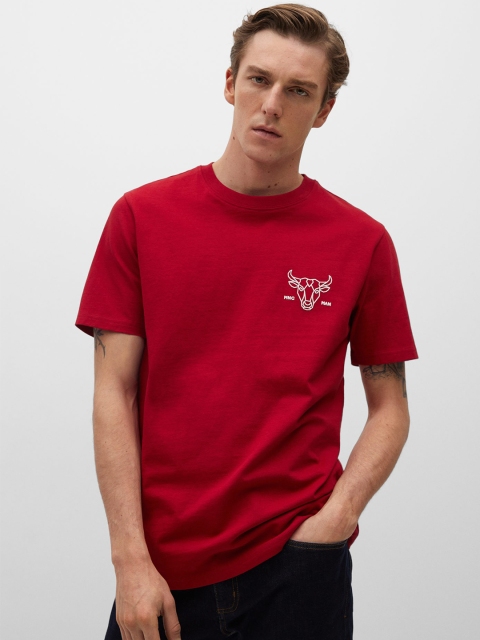 

MANGO MAN Red Solid Organic Cotton Round Neck T-shirt