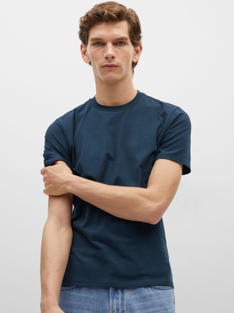 

MANGO MAN Navy Blue Organic Cotton Sustainable Solid Round Neck T-shirt