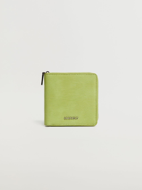 

MANGO Women Lime Green Snakeskin Textured Zip Around Wallet