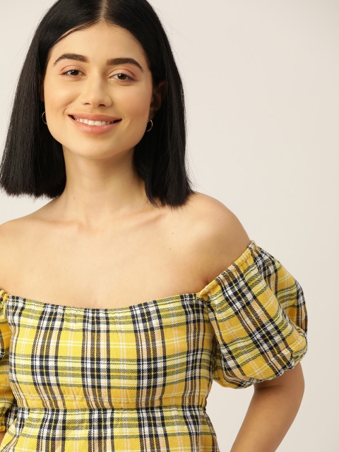 

The Dry State Yellow & Black Checked Off-Shoulder Puff Sleeves Bardot Crop Top