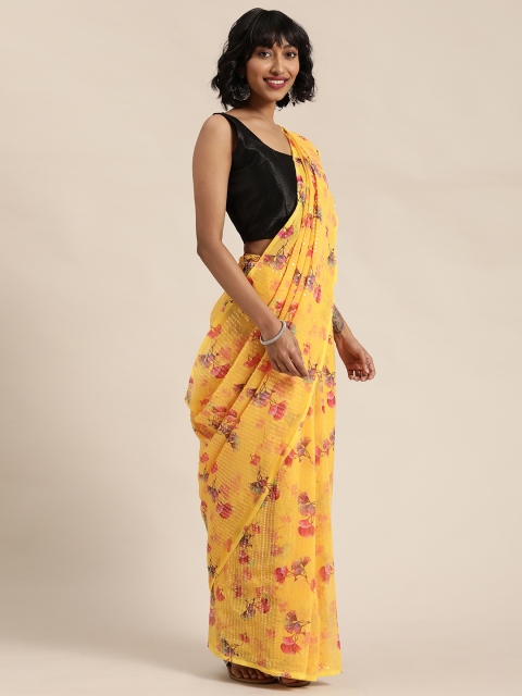 

Mitera Yellow Floral Printed Sequinned Saree
