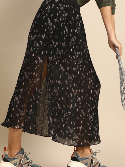 

DODO & MOA Women Black & Off-White Accordion Pleated Print A-Line Skirt