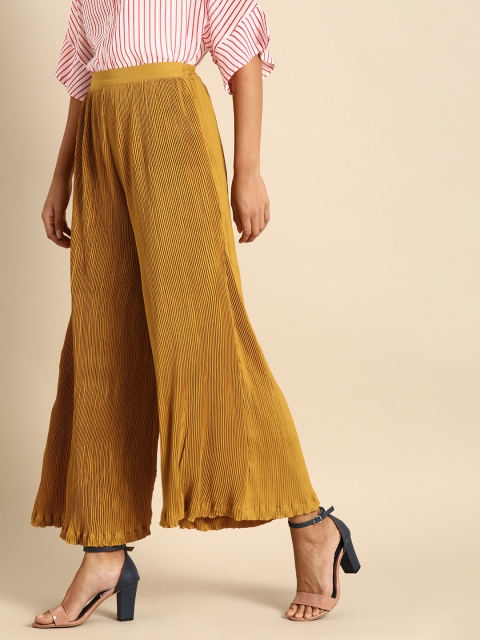 

DODO & MOA Women Mustard Yellow Solid Accordion Pleated Flared Palazzos
