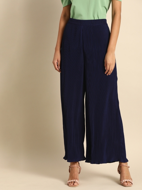 

DODO & MOA Women Navy Blue Solid Flared Accordion Pleated Palazzos