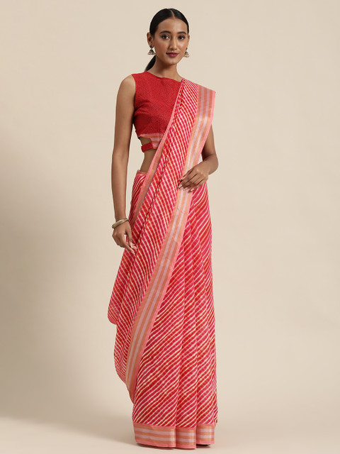 

SHAVYA Pink & Red Pure Linen Printed Leheriya Saree