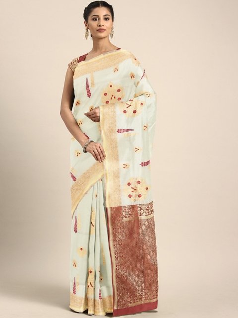 

KALINI Off-White & Maroon Pure Silk Woven Design Celebrity Onam Kasavu Saree