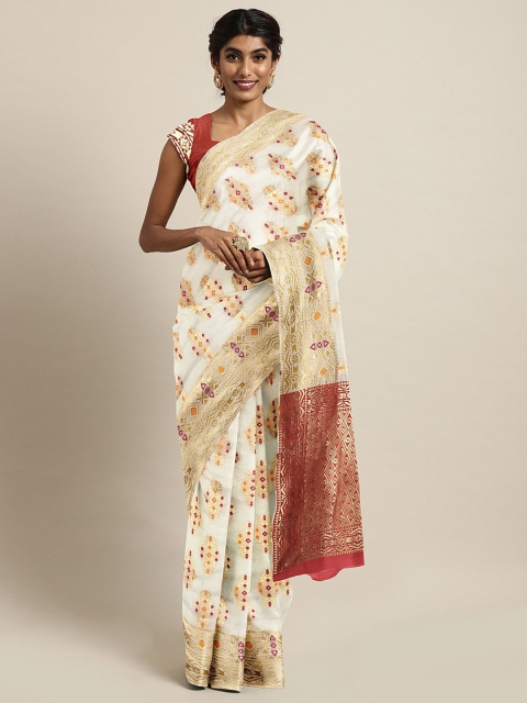 

KALINI Off-White & Maroon Pure Silk Woven Design Celebrity Onam Kasavu Saree