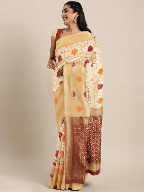 

KALINI White & Maroon Pure Silk Woven Design Kasavu Saree