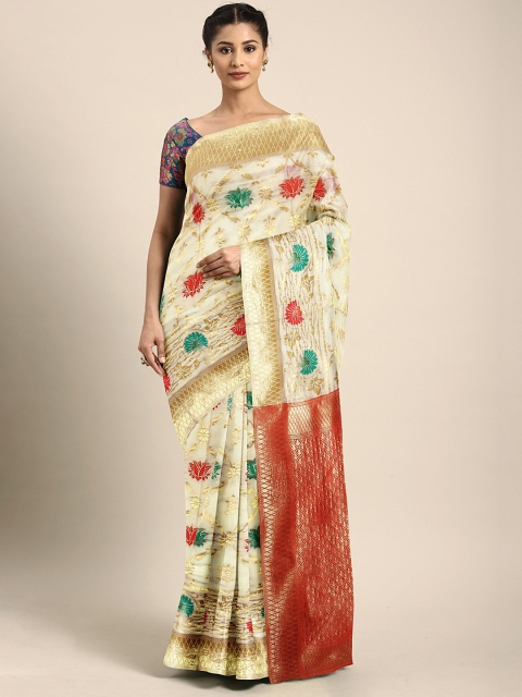 

KALINI Off-White & Gold-Toned Pure Silk Woven Design Kasavu Saree