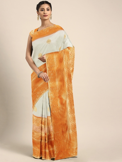 

KALINI White & Orange Pure Silk Woven Design Kasavu Saree