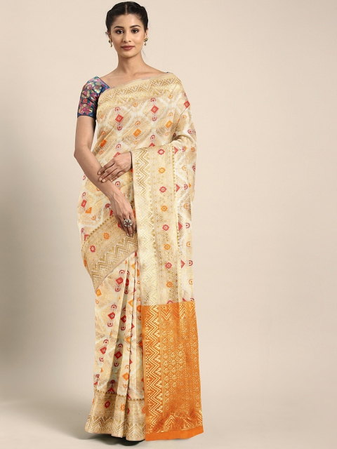 

KALINI Off-White & Gold-Toned Pure Silk Woven Design Kasavu Saree