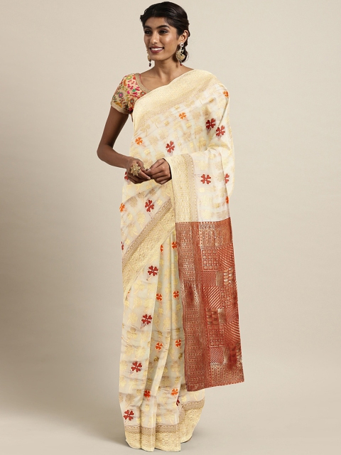 

KALINI White & Gold-Toned Pure Silk Woven Design Kasavu Saree