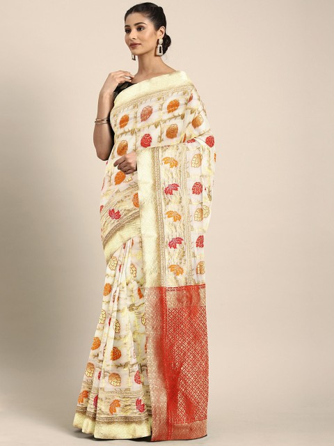 

KALINI White & Gold-Toned Pure Silk Woven Design Kasavu Saree