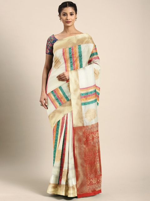 

KALINI White & Red Pure Silk Striped Onam Kasavu Saree