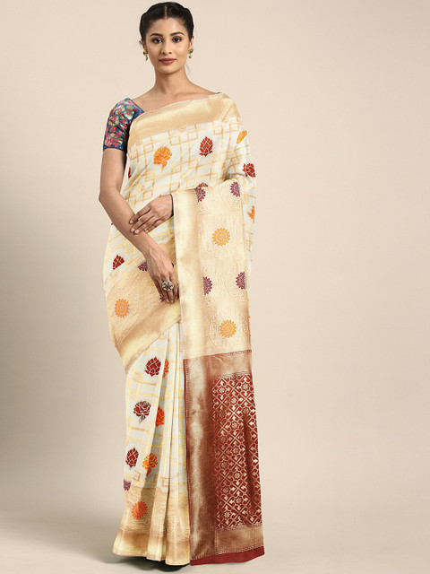 

KALINI White & Gold-Toned Pure Silk Woven Design Kasavu Saree