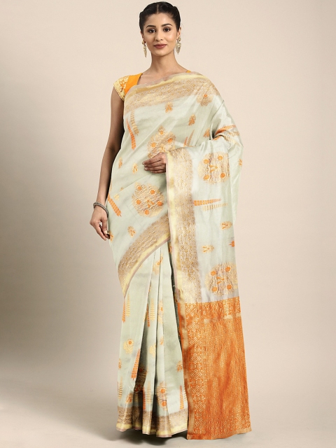 

KALINI White & Orange Pure Silk Woven Design Kasavu Saree