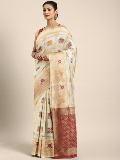

KALINI Off-White & Maroon Pure Silk Woven Design Celebrity Onam Kasavu Saree