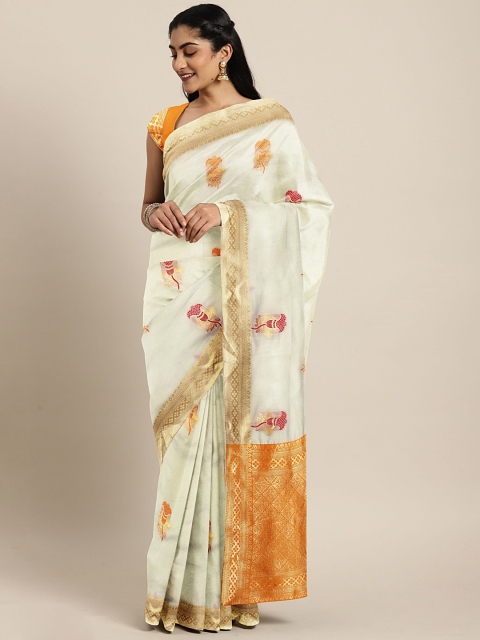 

KALINI White & Orange Pure Silk Woven Design Kasavu Saree