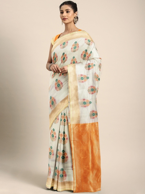 

KALINI White & Orange Pure Silk Woven Design Kasavu Saree