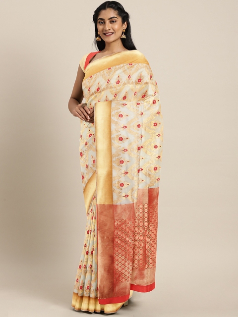 

KALINI Off-White & Red Pure Silk Woven Design Celebrity Onam Kasavu Saree