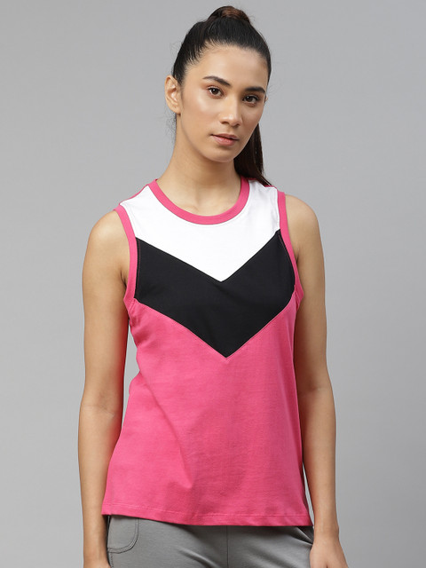 

HRX by Hrithik Roshan Women Raspberry Colourblocked Bio-Wash Lifestyle Pure Cotton T-shirt, Pink