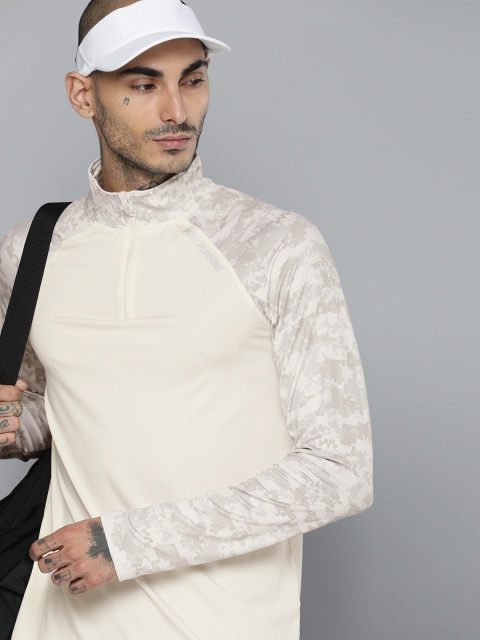

HRX by Hrithik Roshan Men Cream-Coloured & Grey High Neck Running T-shirt