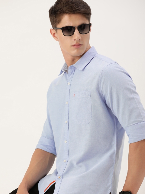 

SINGLE Men Blue Regular Fit Solid Slim Fit Pure Cotton Casual Shirt