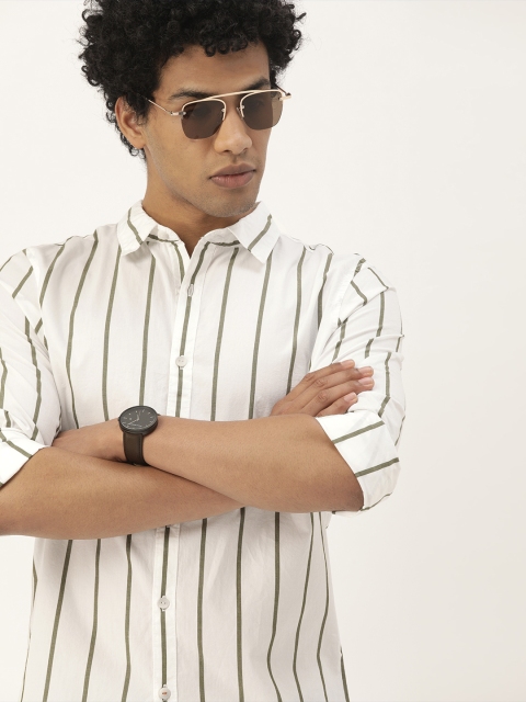 

SINGLE Men White & Olive Green Slim Fit Striped Casual Shirt
