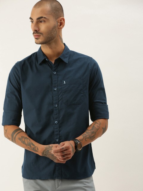 

SINGLE Men Navy Blue Slim Fit Solid Casual Pure Cotton Shirt
