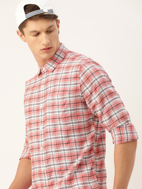 

SINGLE Men Pink & White Slim Fit Checked Casual Shirt