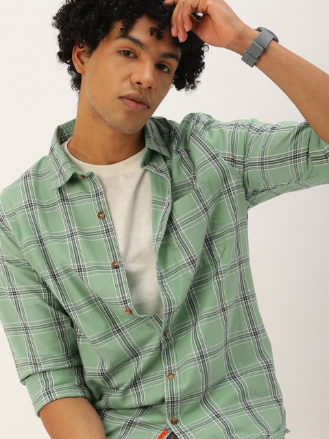 

SINGLE Men Green & Black Slim Fit Windowpane Checked Casual Shirt