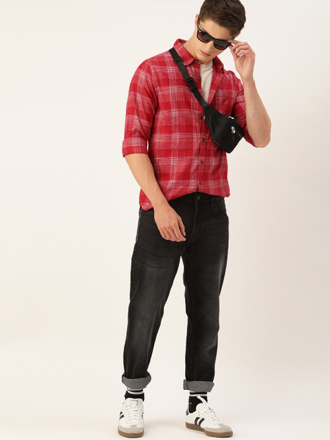 

SINGLE Men Red & White Slim Fit Checked Casual Shirt
