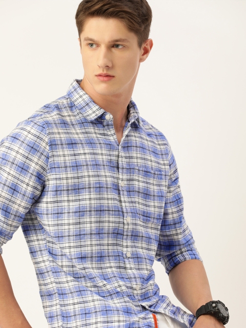 

SINGLE Men Blue & White Slim Fit Checked Casual Shirt