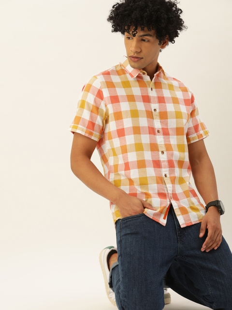 

SINGLE Men Peach & Mustard Slim Fit Buffalo Checks Checked Casual Shirt