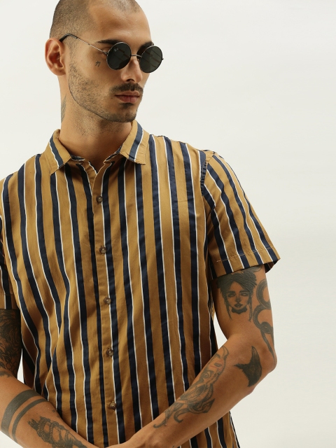 

SINGLE Men Mustard Yellow & Navy Blue Slim Fit Striped Casual Pure Cotton Shirt