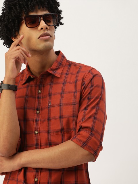 

SINGLE Men Coral Pink & Navy Blue Slim Fit Checked Casual Shirt