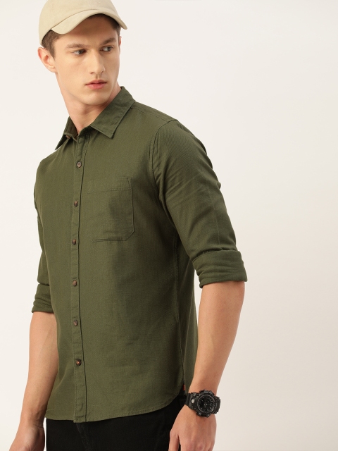 

SINGLE Men Olive Green Slim Fit Checked Casual Shirt