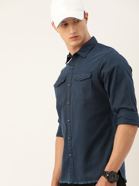 

SINGLE Men Navy Blue Pure Cotton Slim Fit Solid Casual Shirt