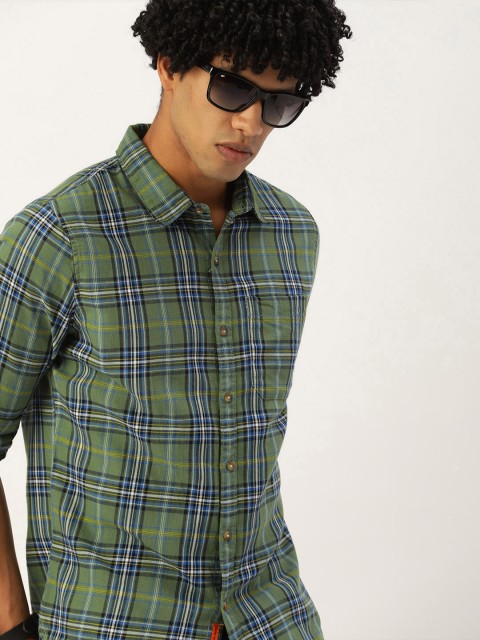 

SINGLE Men Olive Green & Blue Slim Fit Checked Casual Shirt