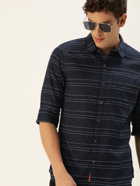 

SINGLE Men Navy Blue & Grey Slim Fit Striped Casual Shirt