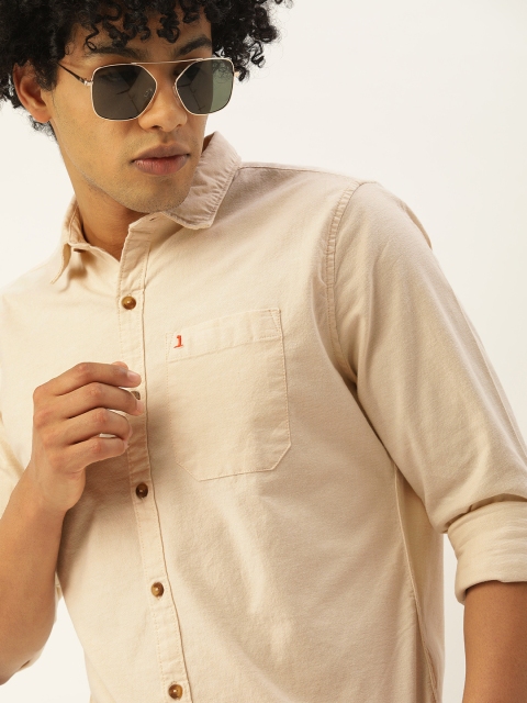 

SINGLE Men Beige Solid Slim Fit Casual Shirt