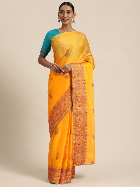 

Mitera Yellow & Teal blue Embroidered Celebrity Saree